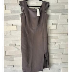 SILK CULTURE Real Silk Satin Stitched Deep Gray Sheath Midi Dress Wedding sz M